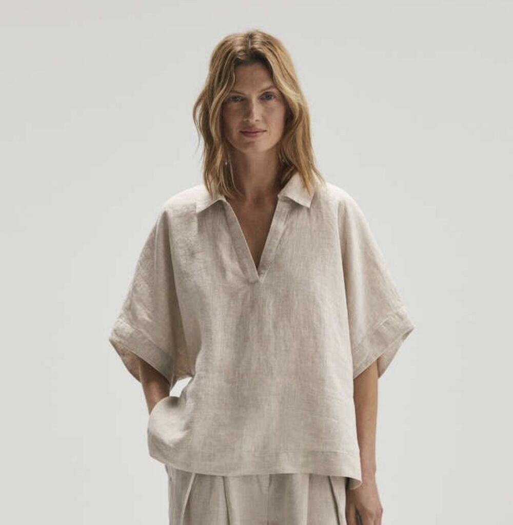 Banana Republic Popover Drapey M Linen Minimalist Boxy Tan Short Oversized